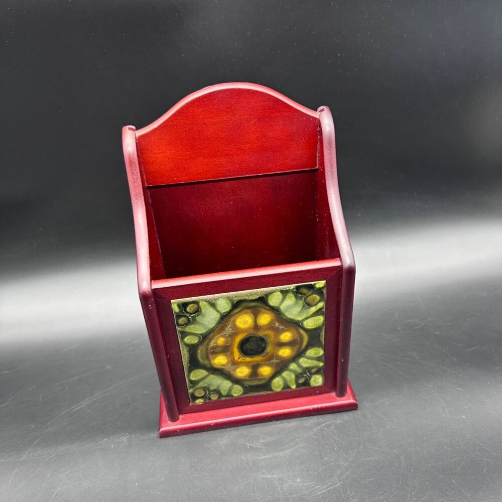 Vintage Storage Organizer Office Mail Holder Wooden Green Yellow Ceramic Tile